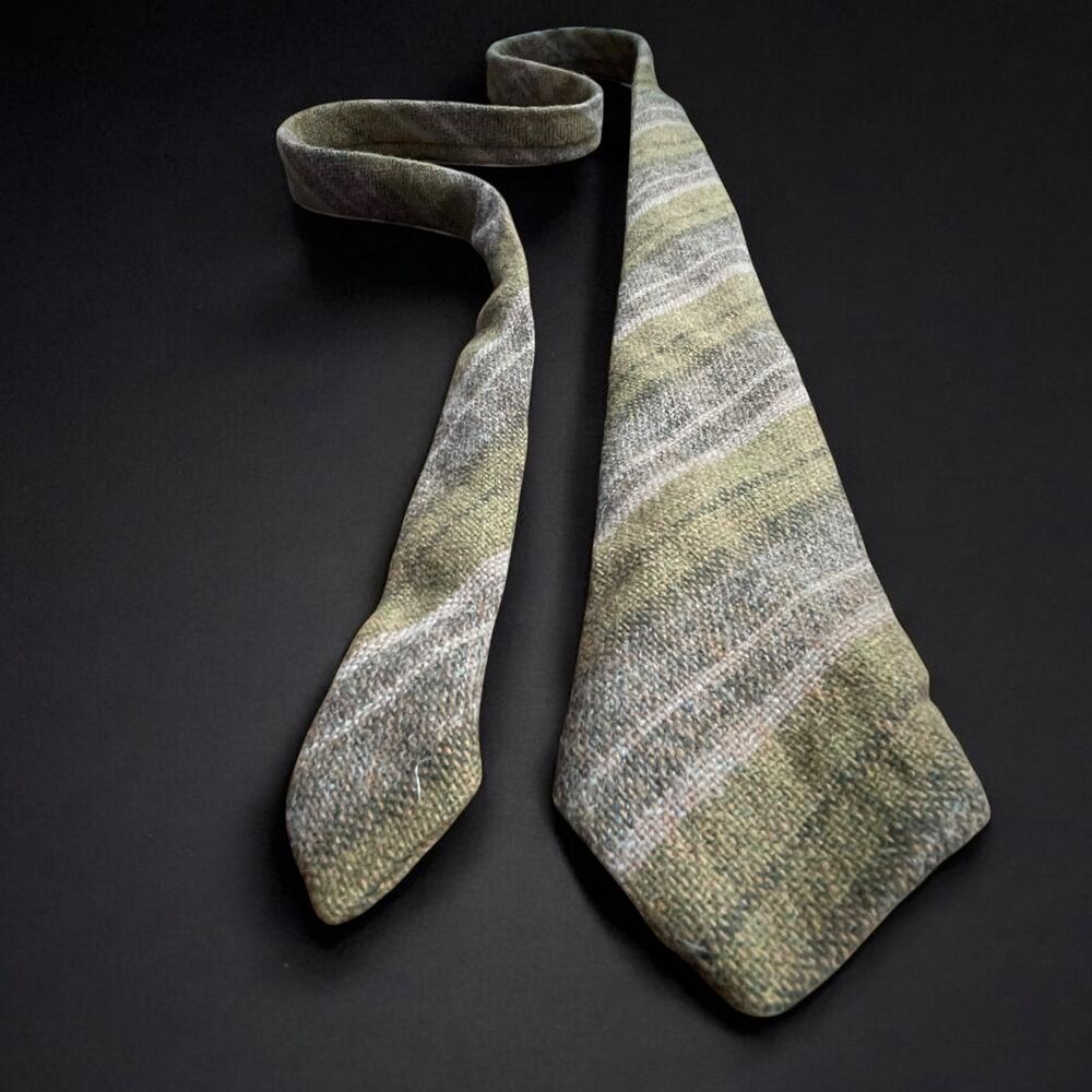 Vtg Wool Striped Tie Afonwen Woolen Mill North Wales Green Gray Short Academia